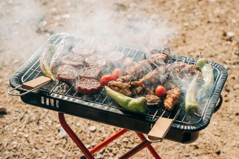 Chilly Moose Barbecue grill with Chilly Moose meat, tomatoes and green pepper.